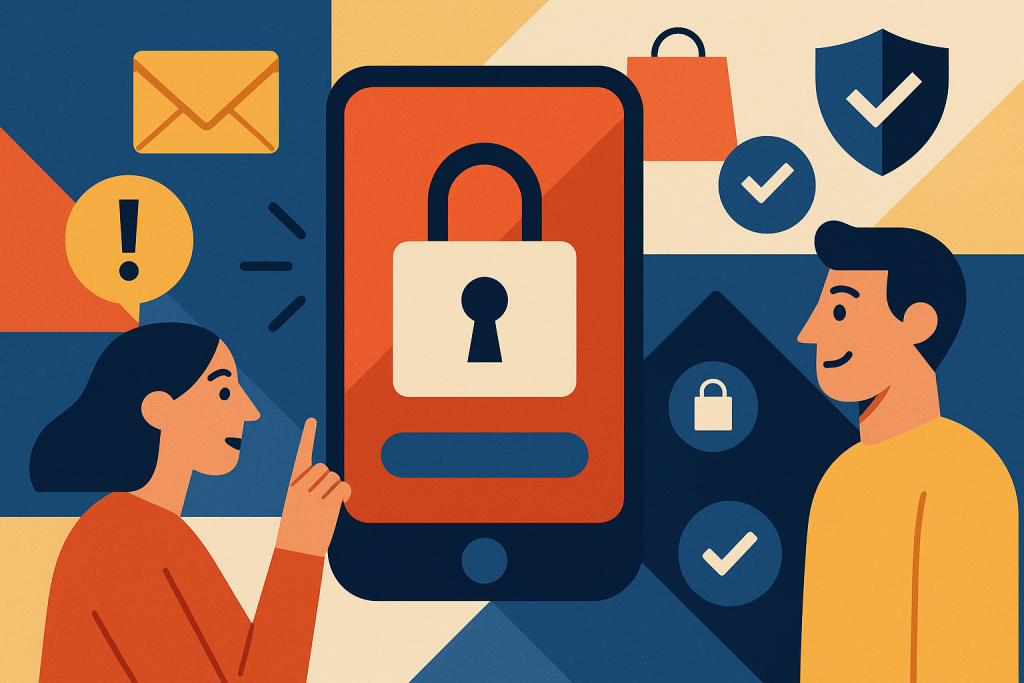 Illustration of mobile phone with lock symbol in a smartphone close-up setting, with a inspired mood.