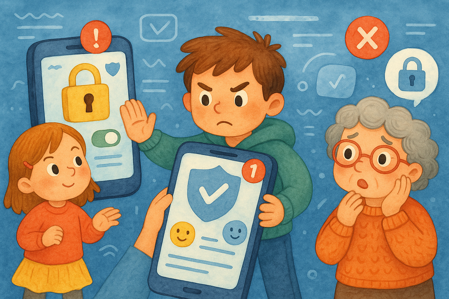 Illustration of illustration of second phone line in a digital security interface setting, with a determined mood.