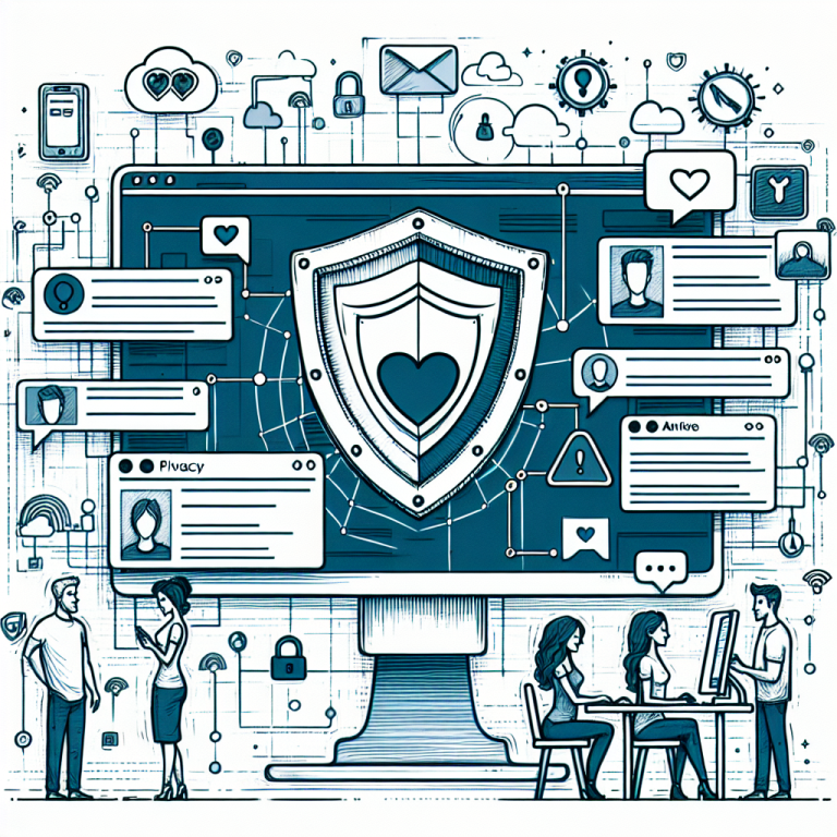 Illustration of privacy shield icon on screen in a private messaging screens setting, with a creative mood.