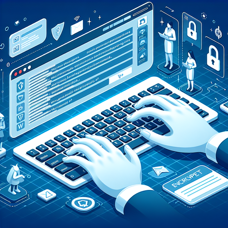 Illustration of hands typing on encrypted keyboard in a blue gradient tech design setting, with a determined mood.