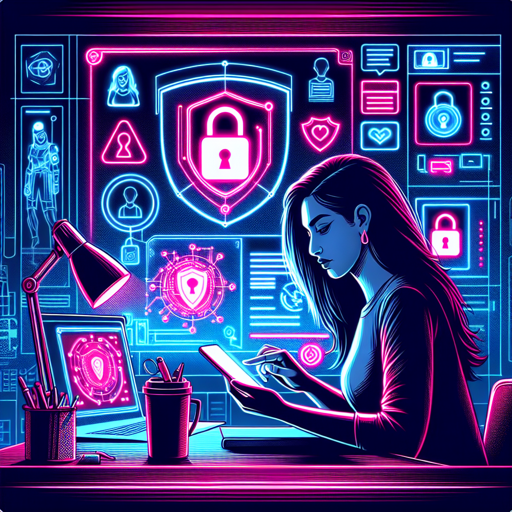 Illustration of woman using smartphone safely in a minimal tech workspace setting, with a creative mood.