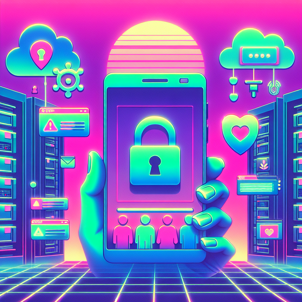 Illustration of mobile phone with lock symbol in a cybersecurity server room setting, with a inspired mood.