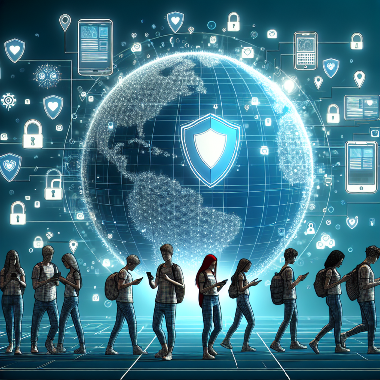 Illustration of teens browsing apps securely in a shield icons over data setting, with a creative mood.