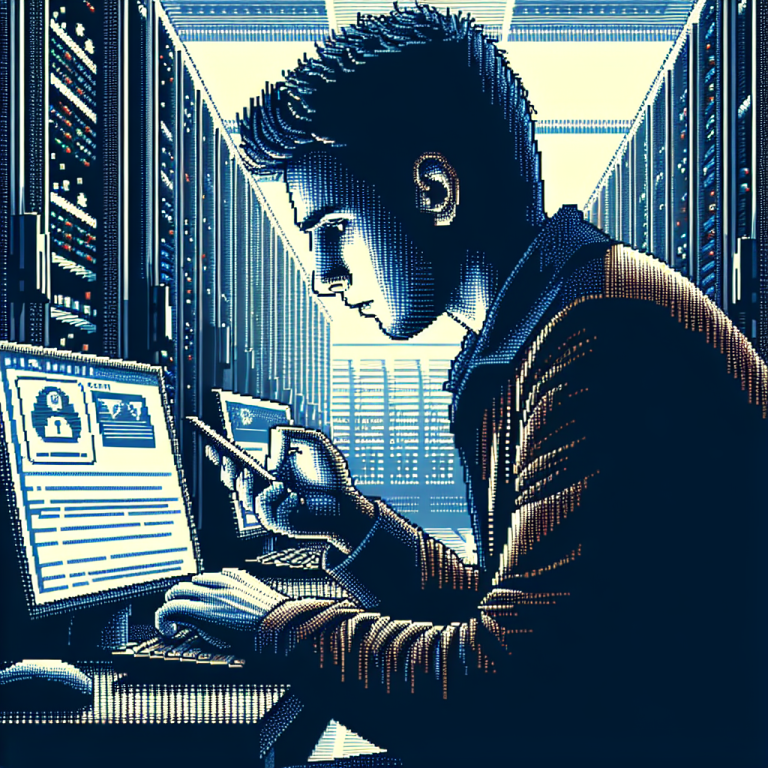 Illustration of young adult sending private message in a cybersecurity server room setting, with a inspired mood.