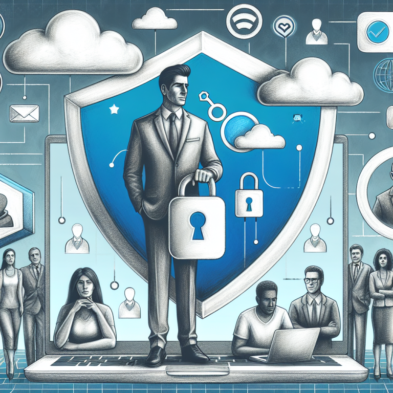 Illustration of man setting up secure app in a blue gradient tech design setting, with a determined mood.