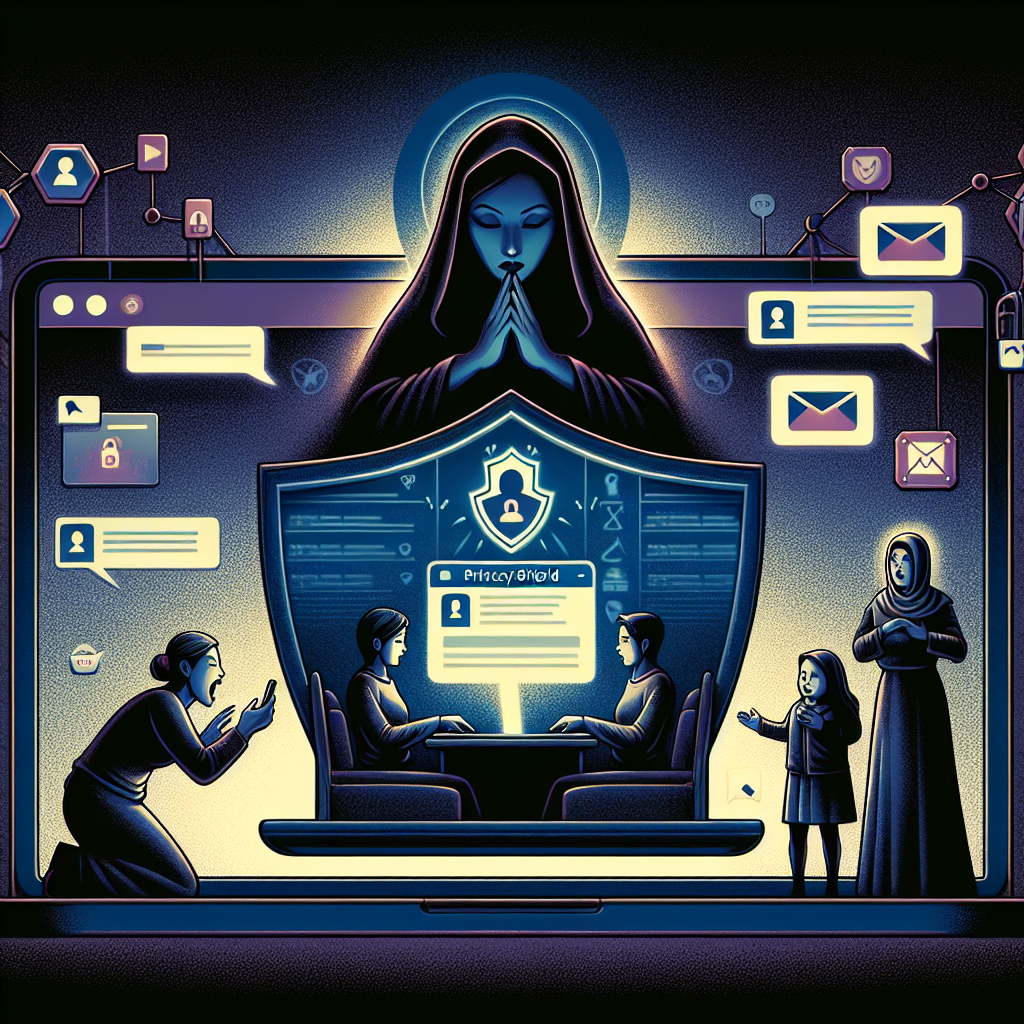 Illustration of privacy shield icon on screen in a digital security interface setting, with a relaxed mood.