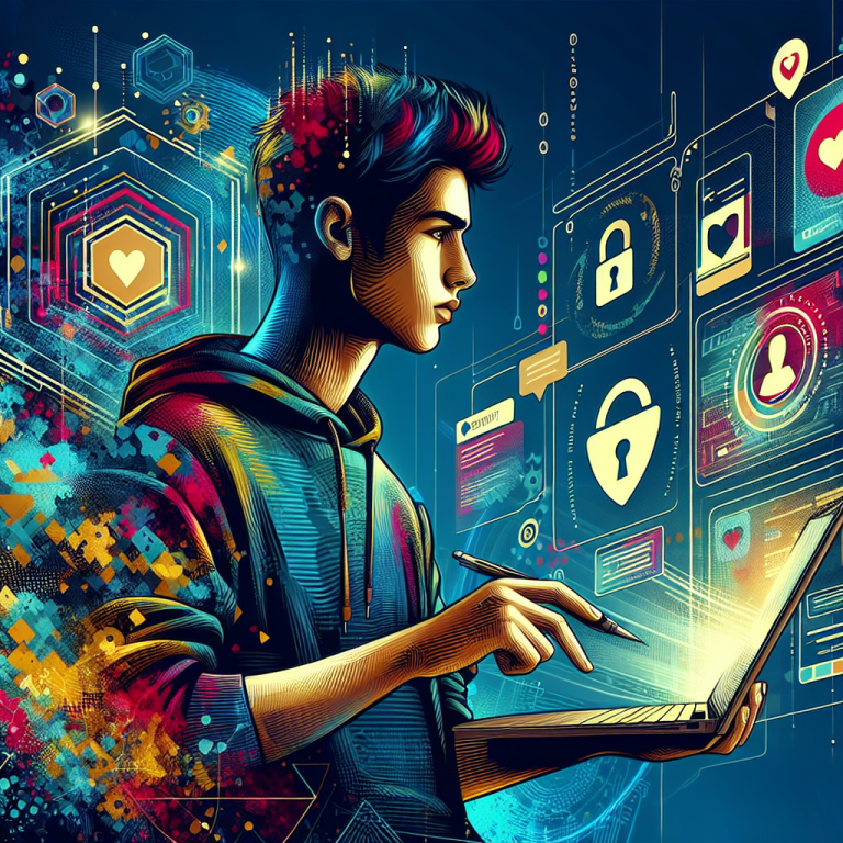 Illustration of young adult sending private message in a digital security interface setting, with a determined mood.