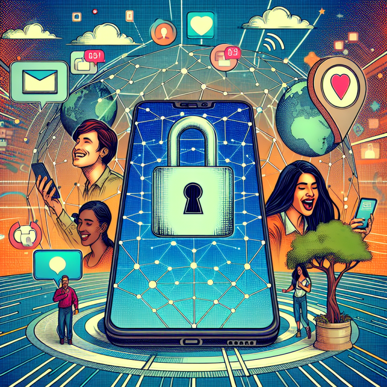 Illustration of mobile phone with lock symbol in a abstract data grid setting, with a happy mood.