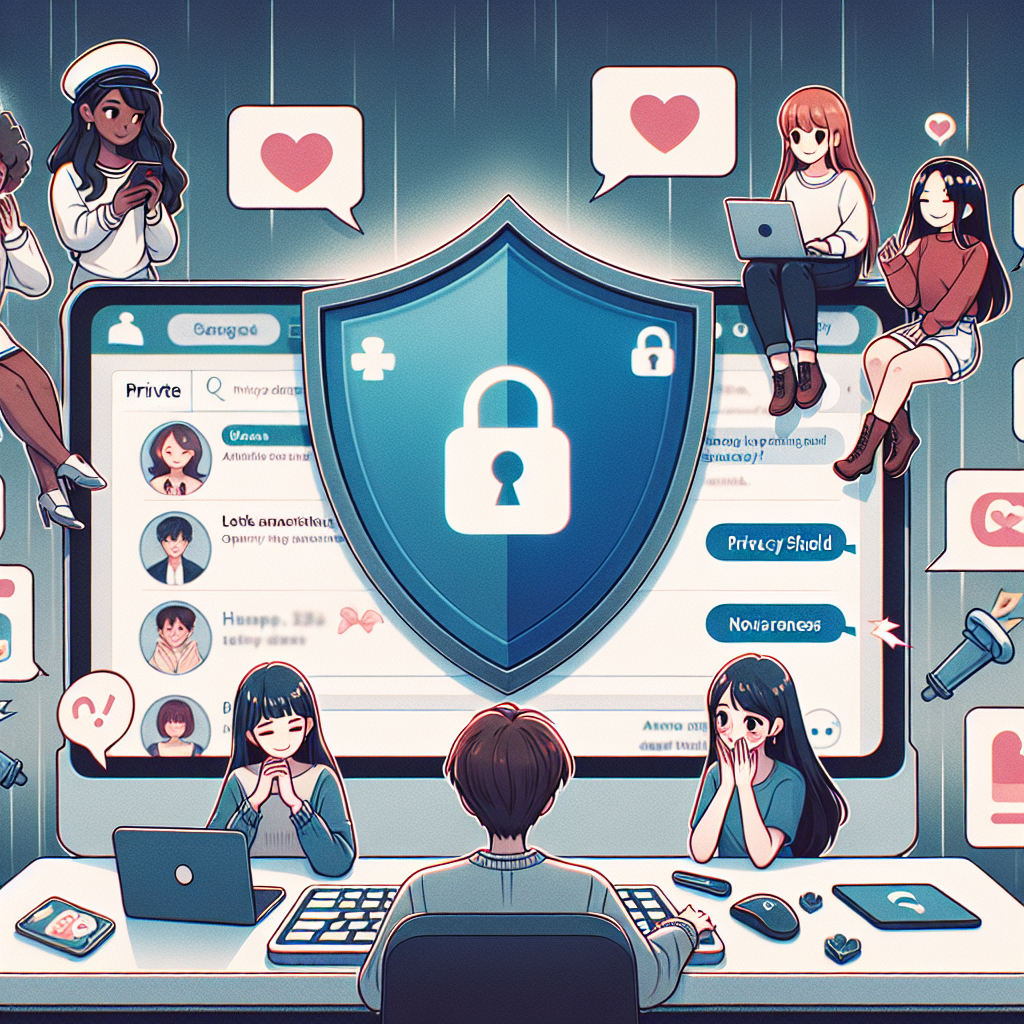 Illustration of privacy shield icon on screen in a private messaging screens setting, with a inspired mood.