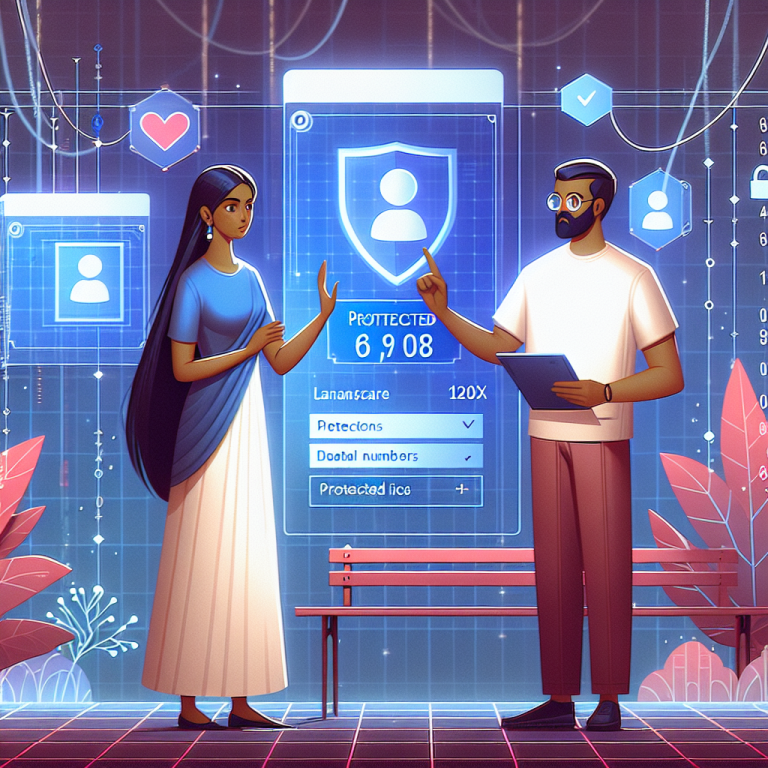 Illustration of couple using protected numbers in a abstract data grid setting, with a determined mood.