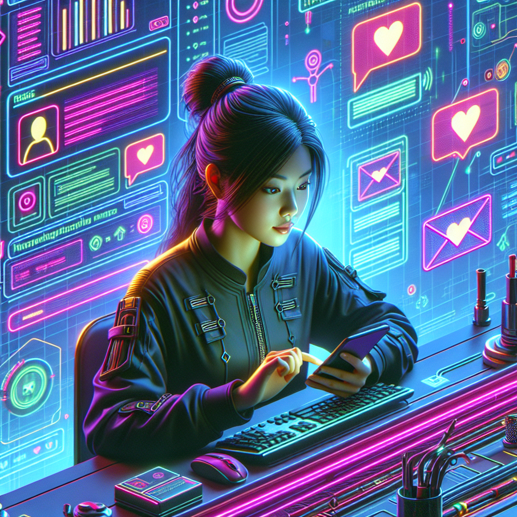 Illustration of young adult sending private message in a minimal tech workspace setting, with a creative mood.