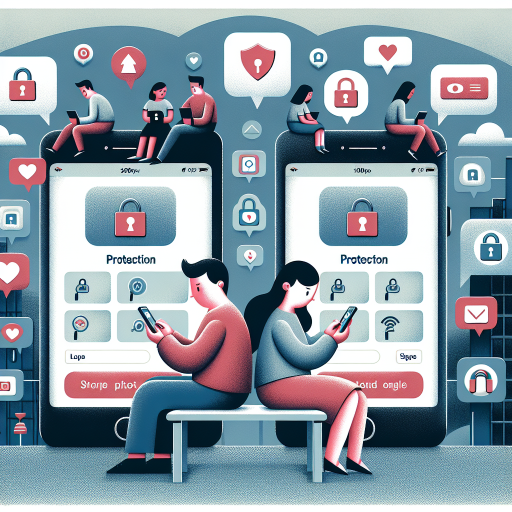 Illustration of couple using protected numbers in a smartphone close-up setting, with a creative mood.
