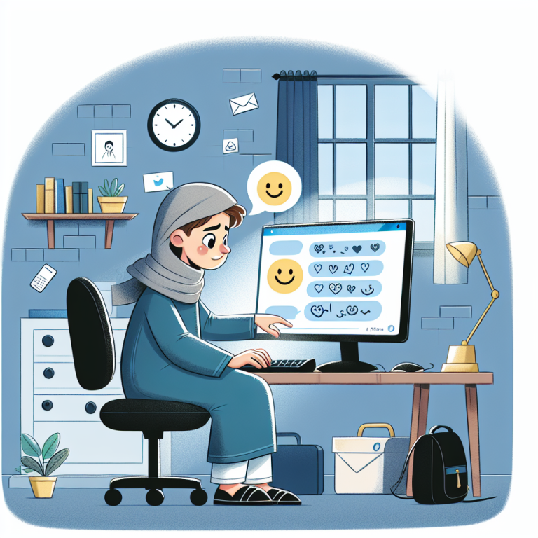 Illustration of young adult sending private message in a minimal tech workspace setting, with a happy mood.