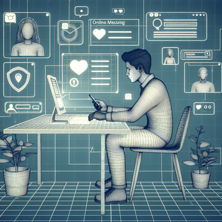 Illustration of young adult sending private message in a minimal tech workspace setting, with a creative mood.