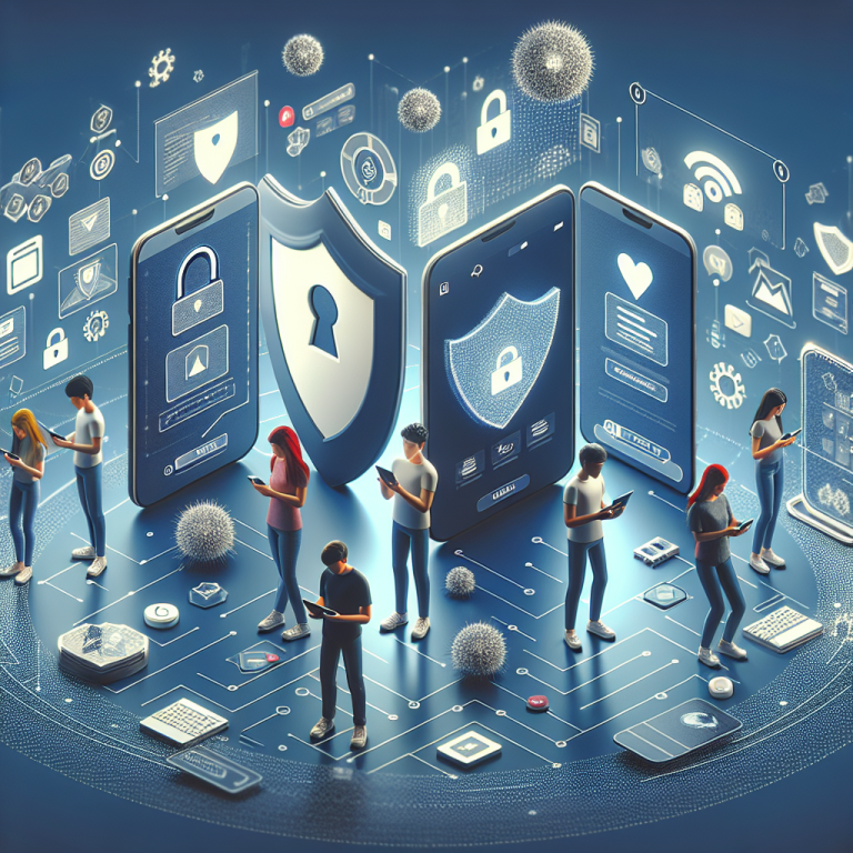 Illustration of teens browsing apps securely in a shield icons over data setting, with a determined mood.