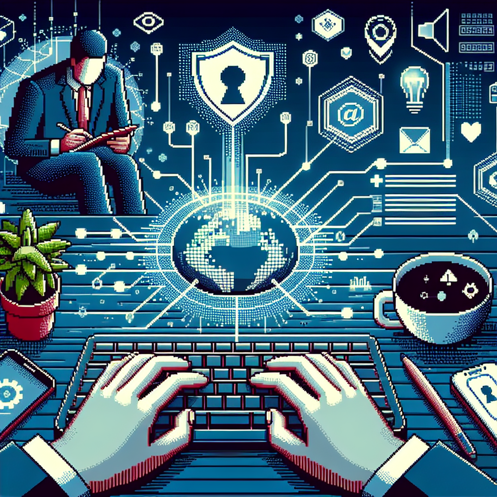 Illustration of hands typing on encrypted keyboard in a shield icons over data setting, with a focused mood.