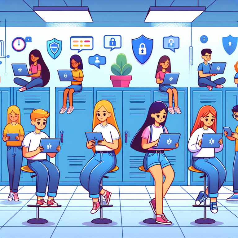 Illustration of teens browsing apps securely in a cybersecurity server room setting, with a relaxed mood.