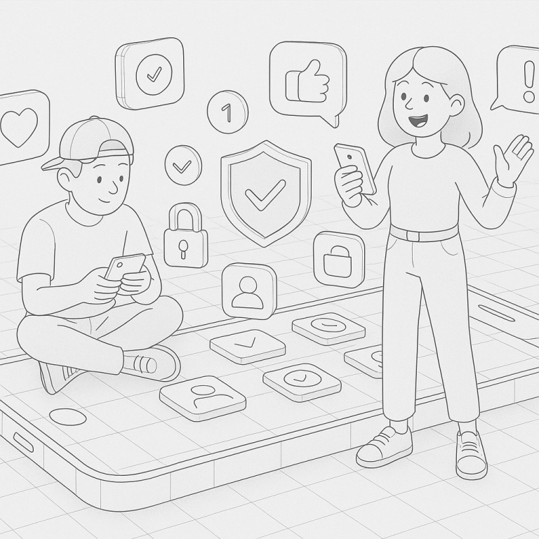 Illustration of teens browsing apps securely in a smartphone close-up setting, with a inspired mood.