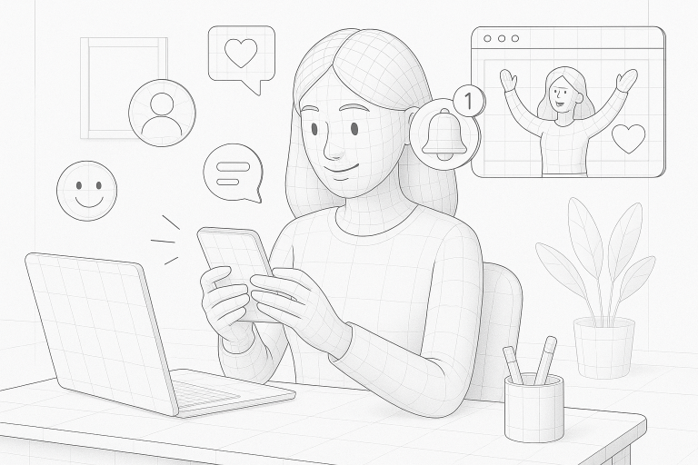 Illustration of woman using smartphone safely in a minimal tech workspace setting, with a inspired mood.