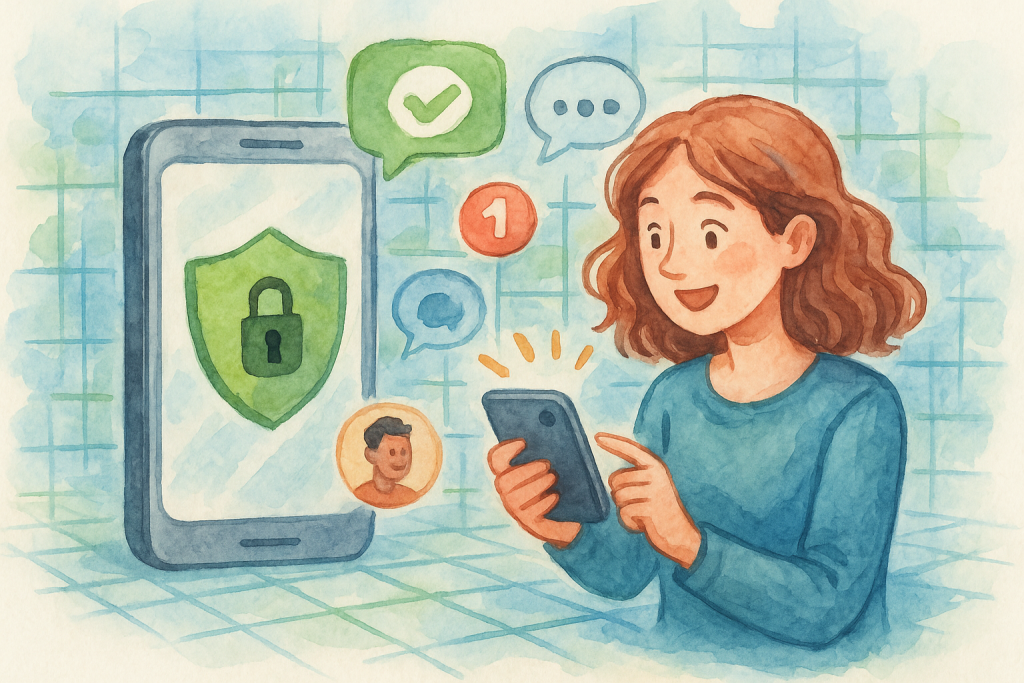 Illustration of mobile phone with lock symbol in a abstract data grid setting, with a inspired mood.