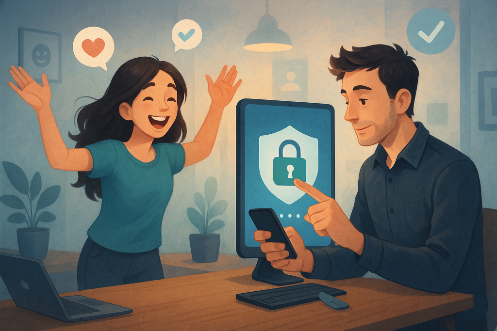 Illustration of man setting up secure app in a minimal tech workspace setting, with a happy mood.