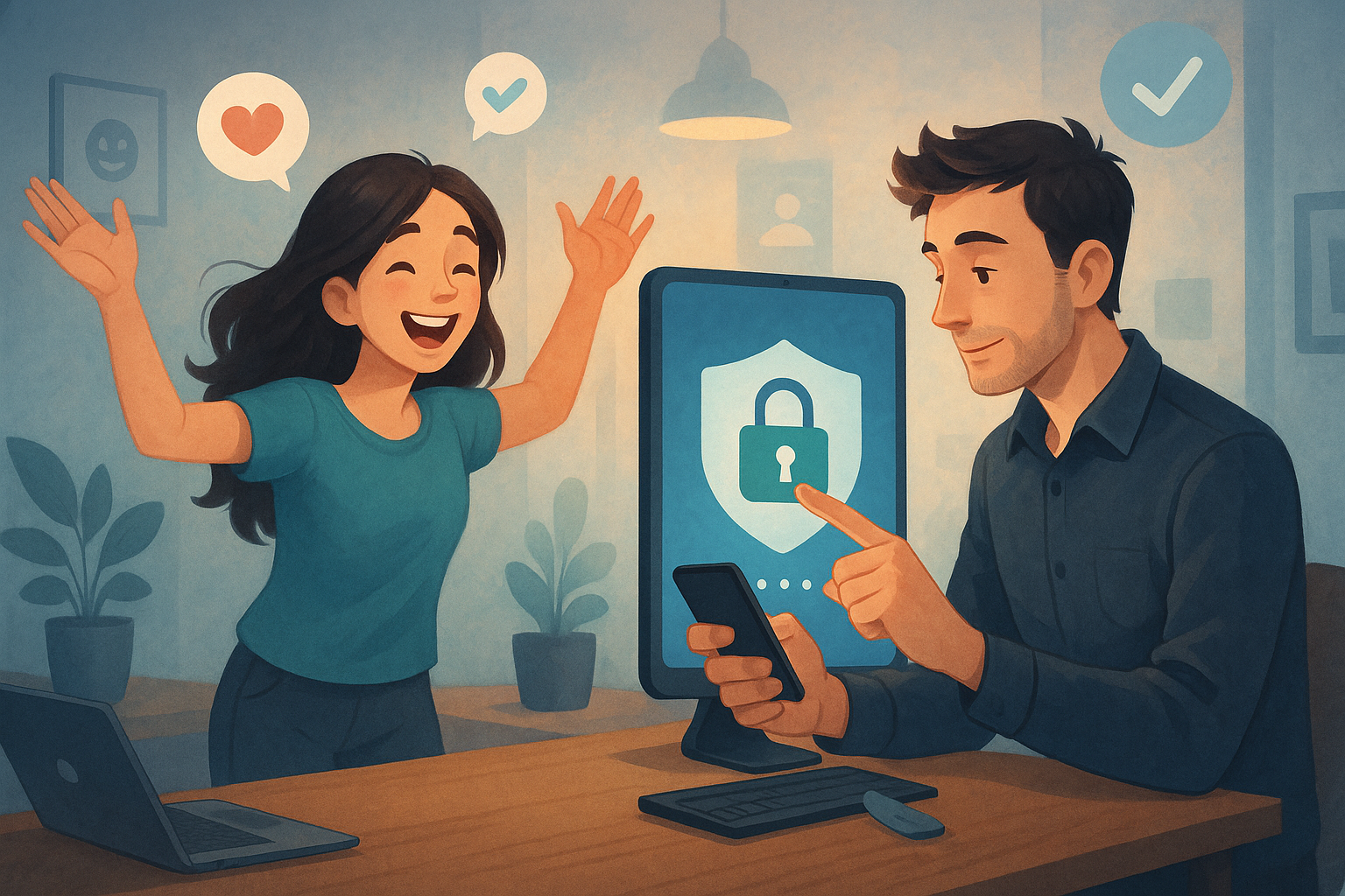Illustration of man setting up secure app in a minimal tech workspace setting, with a happy mood.