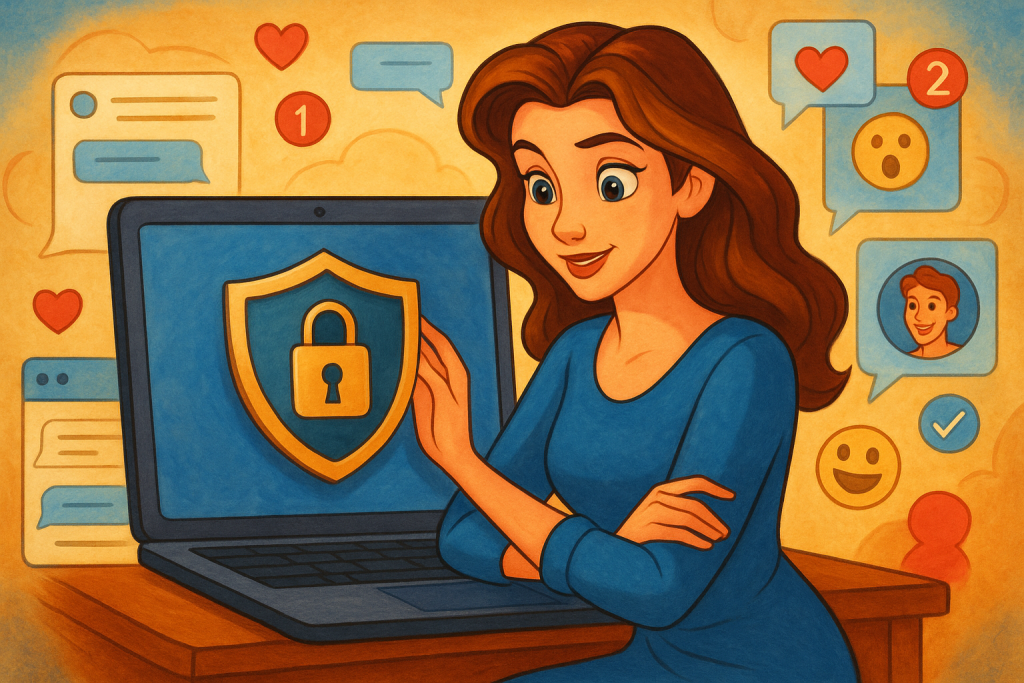 Illustration of privacy shield icon on screen in a private messaging screens setting, with a creative mood.