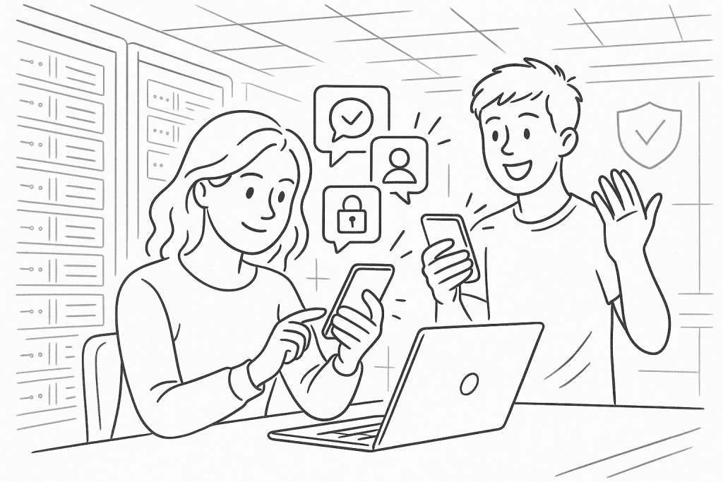 Illustration of teens browsing apps securely in a cybersecurity server room setting, with a inspired mood.