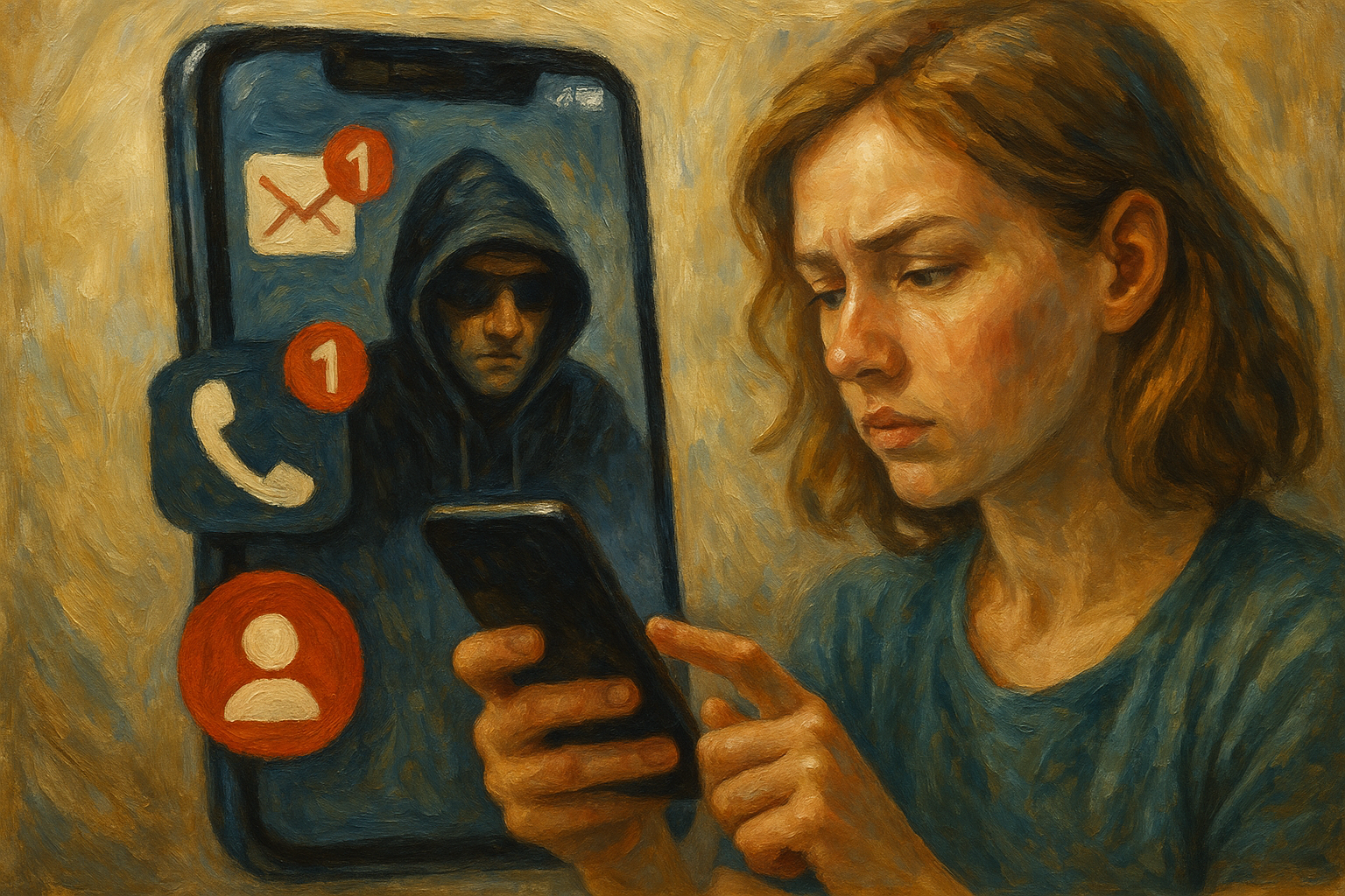 Illustration of illustration of second phone line in a smartphone close-up setting, with a determined mood.