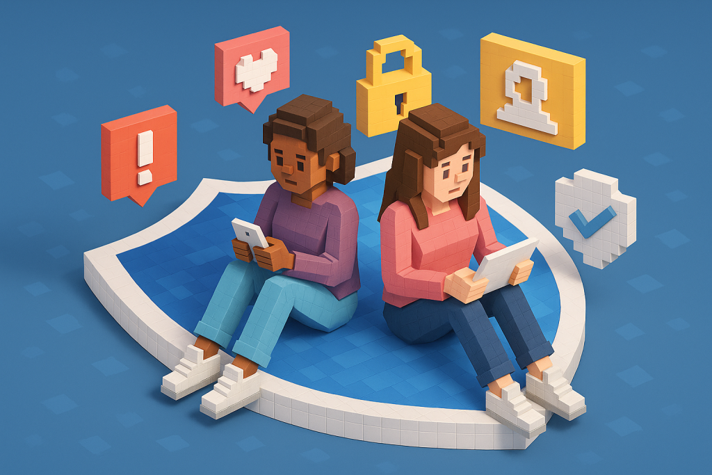 Illustration of teens browsing apps securely in a shield icons over data setting, with a determined mood.