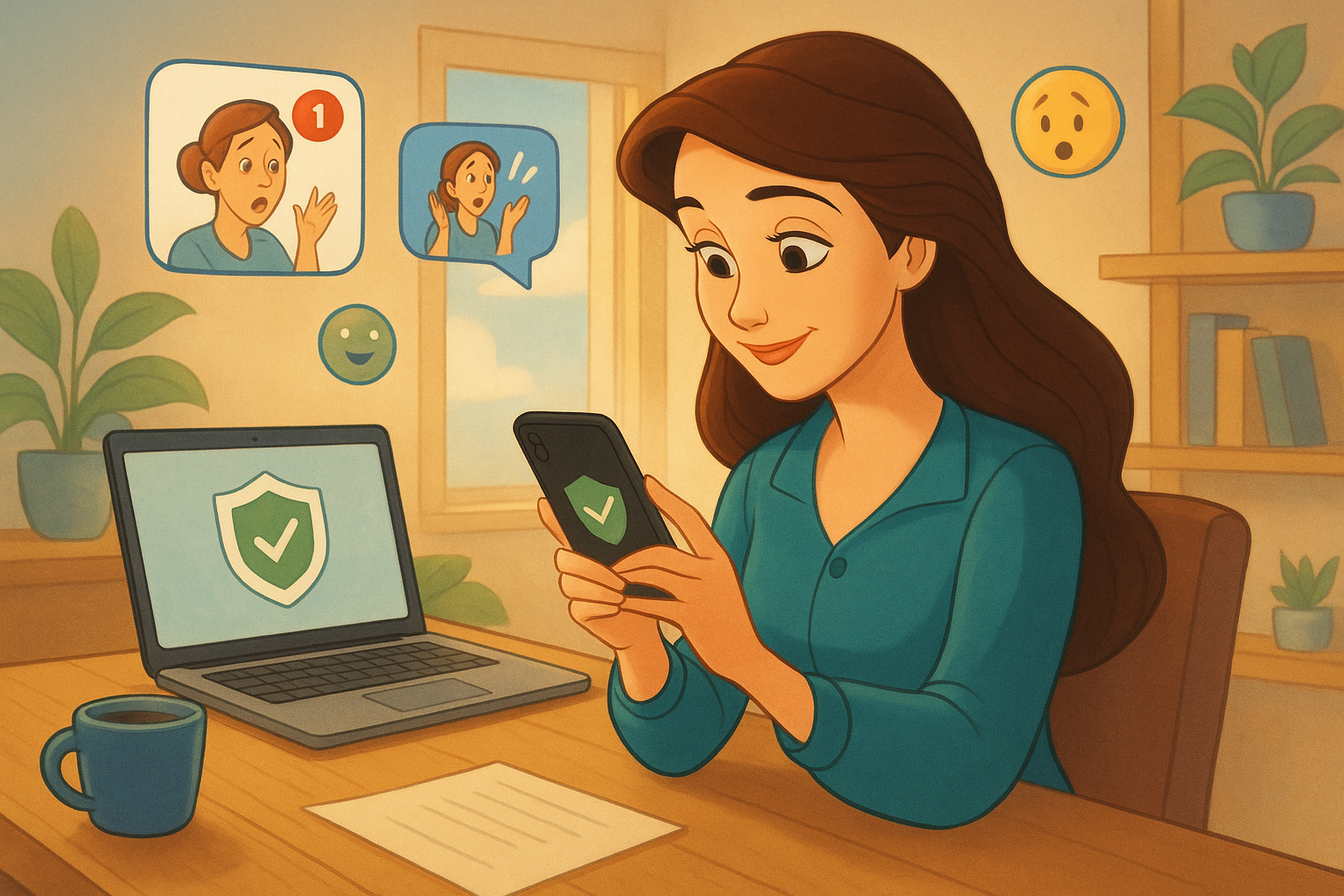 Illustration of woman using smartphone safely in a minimal tech workspace setting, with a relaxed mood.