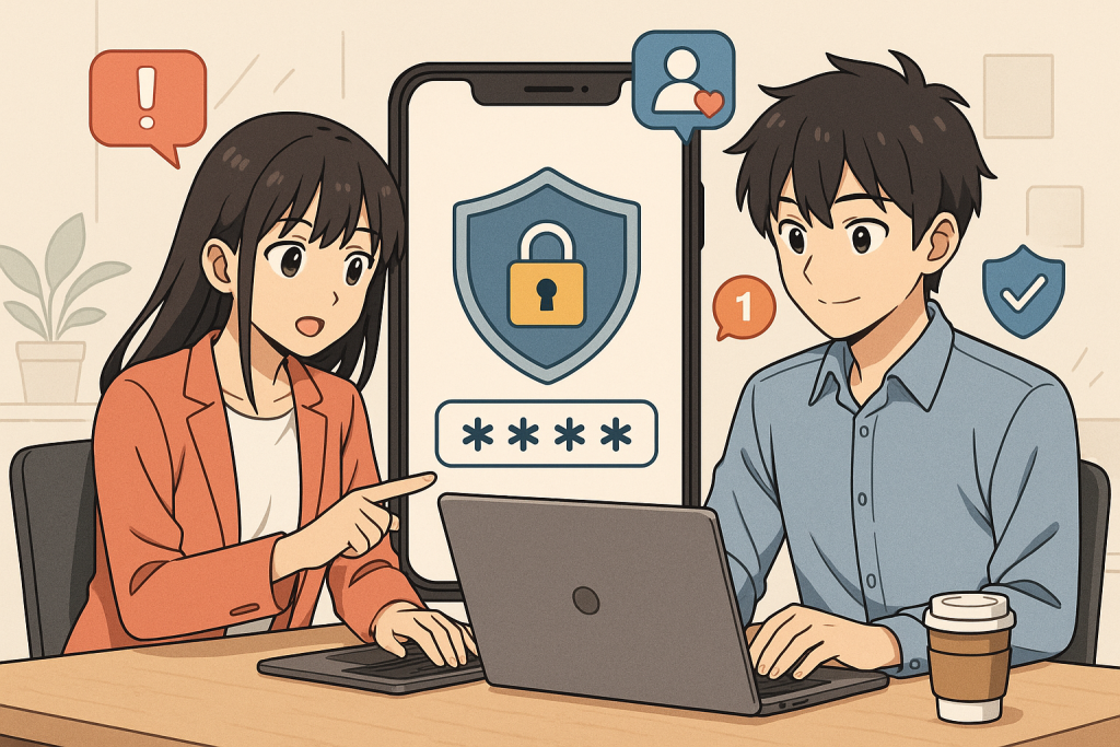 Illustration of couple using protected numbers in a minimal tech workspace setting, with a creative mood.