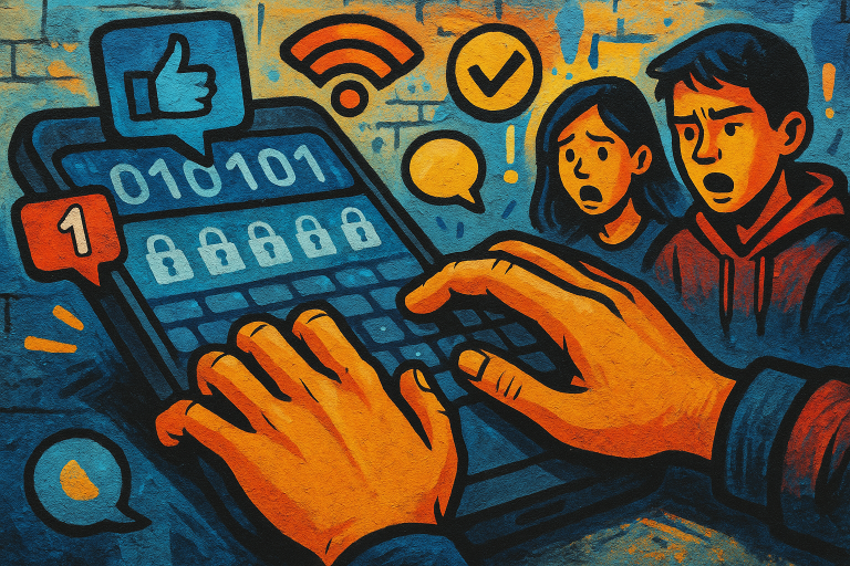 Illustration of hands typing on encrypted keyboard in a smartphone close-up setting, with a focused mood.