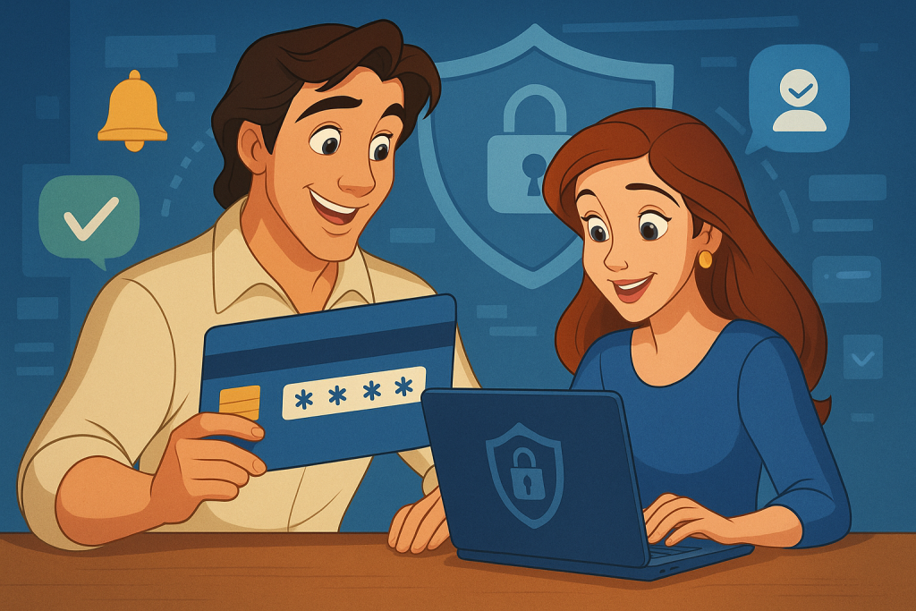 Illustration of couple using protected numbers in a digital security interface setting, with a relaxed mood.