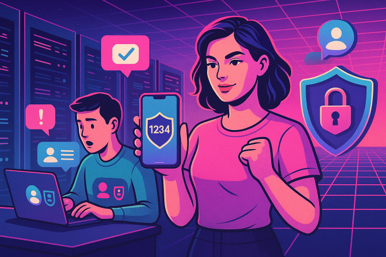 Illustration of couple using protected numbers in a cybersecurity server room setting, with a creative mood.
