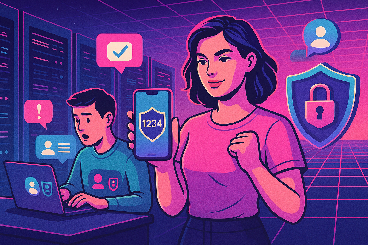 Illustration of couple using protected numbers in a cybersecurity server room setting, with a creative mood.
