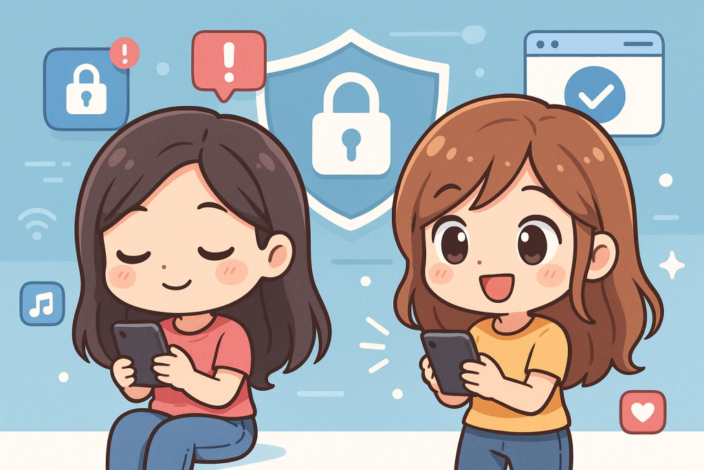 Illustration of teens browsing apps securely in a digital security interface setting, with a relaxed mood.