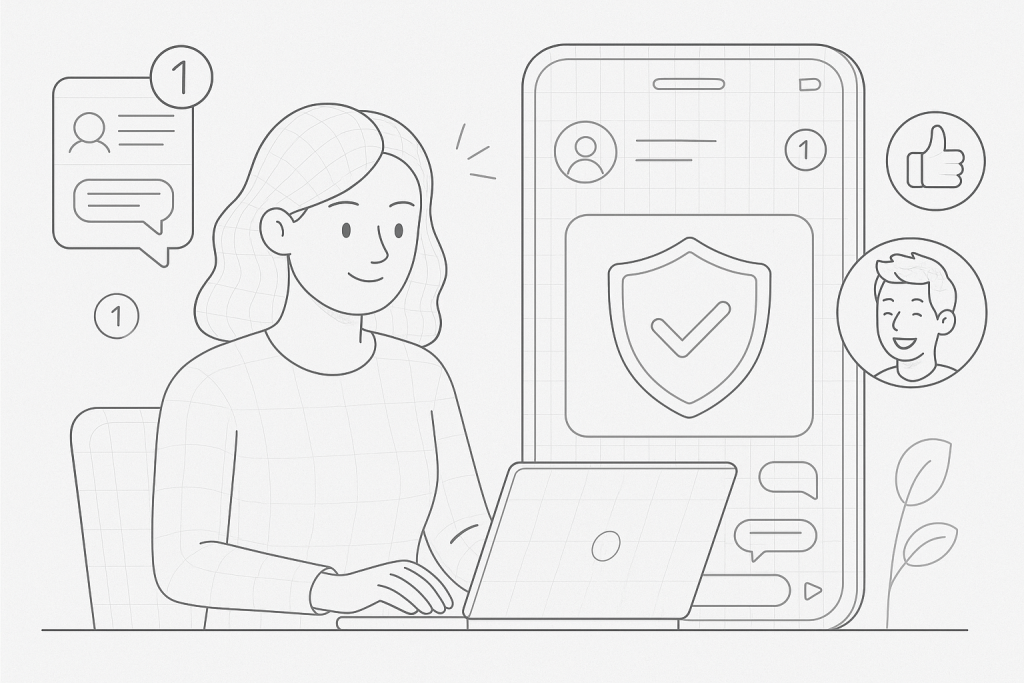 Illustration of privacy shield icon on screen in a private messaging screens setting, with a inspired mood.