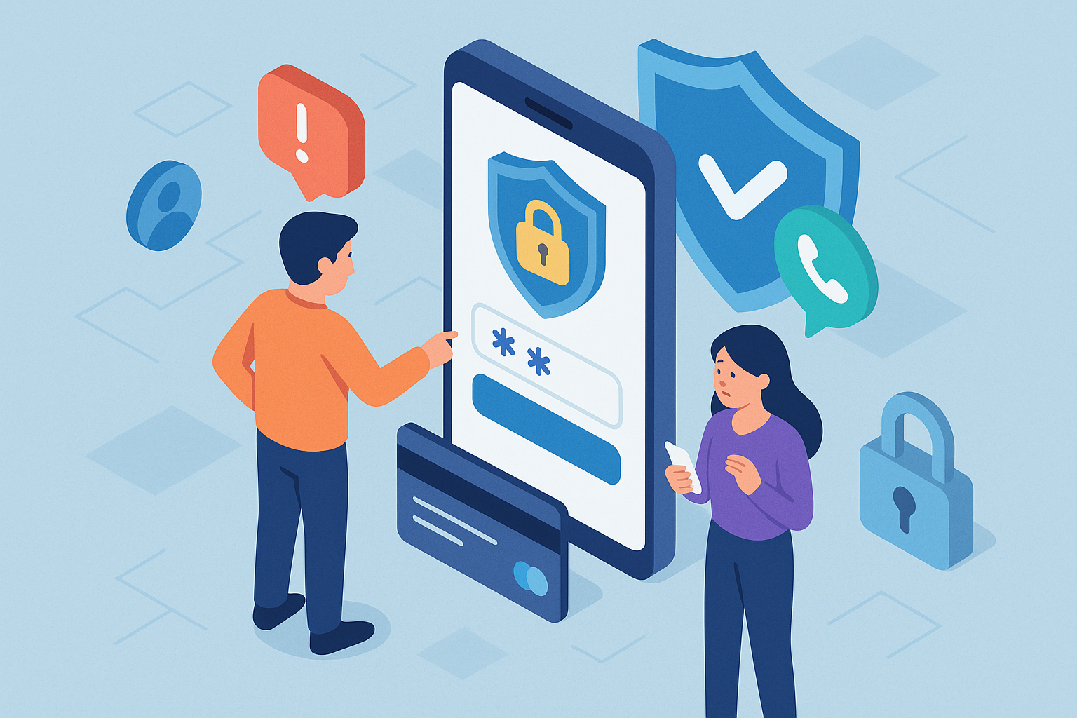 Illustration of man setting up secure app in a digital security interface setting, with a focused mood.