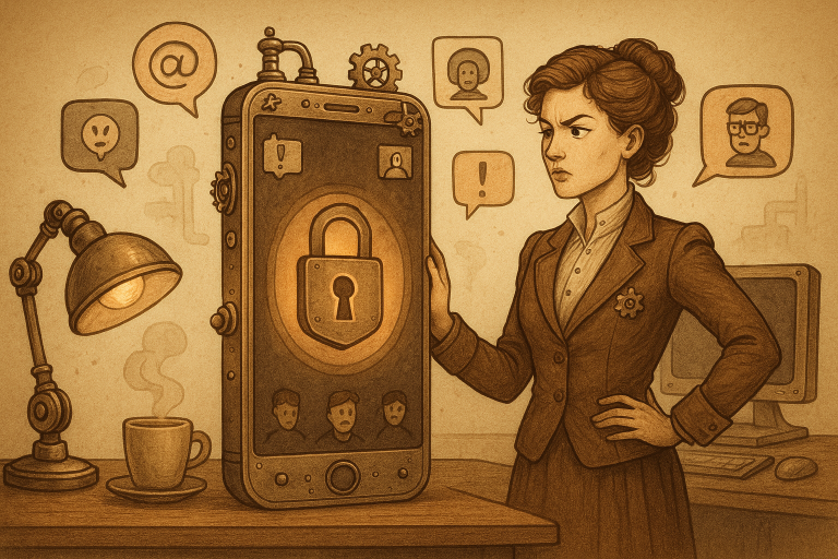 Illustration of mobile phone with lock symbol in a minimal tech workspace setting, with a determined mood.