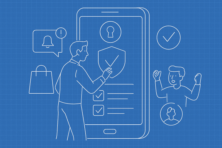 Illustration of man setting up secure app in a smartphone close-up setting, with a determined mood.