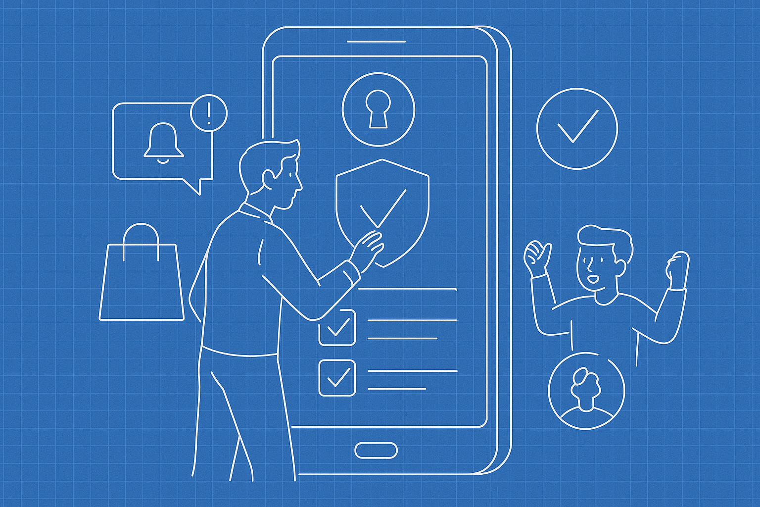 Illustration of man setting up secure app in a smartphone close-up setting, with a determined mood.