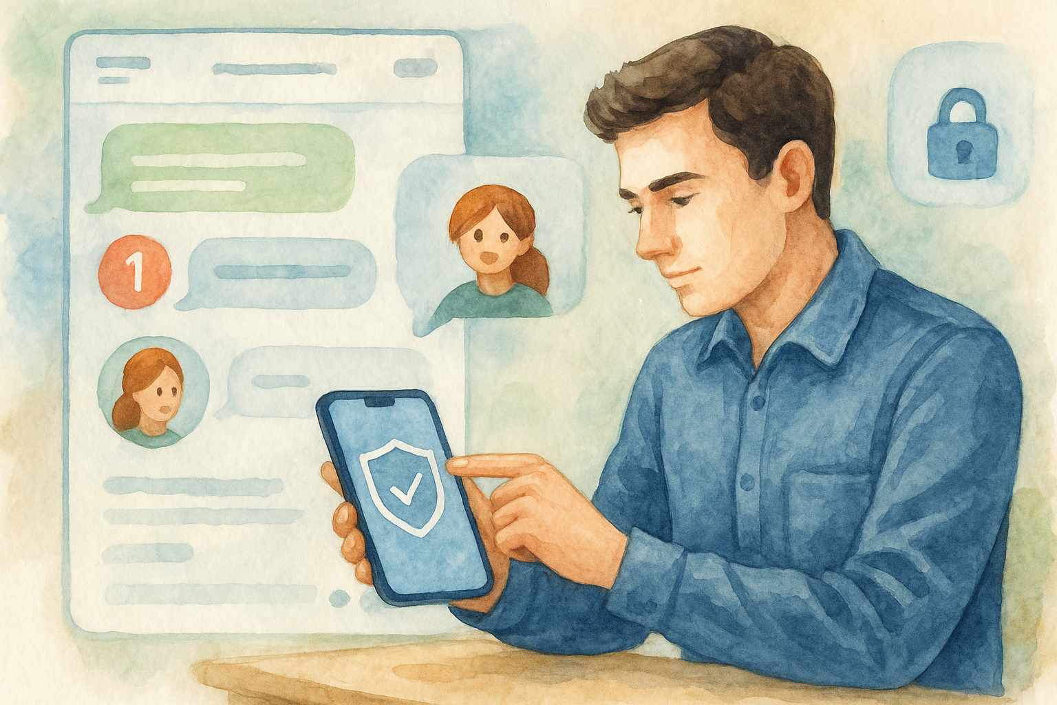 Illustration of man setting up secure app in a private messaging screens setting, with a focused mood.