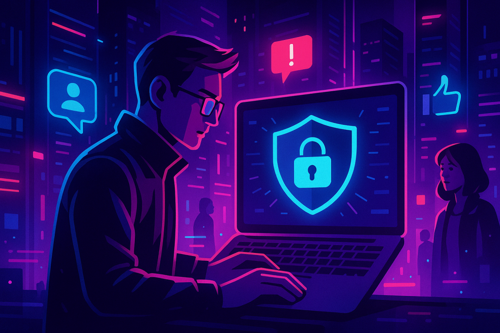 Illustration of privacy shield icon on screen in a urban digital environment setting, with a creative mood.