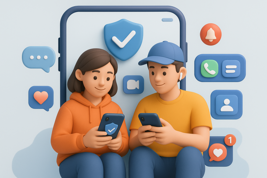 Illustration of teens browsing apps securely in a smartphone close-up setting, with a relaxed mood.