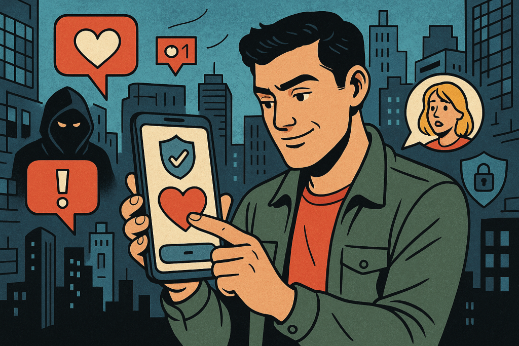 Illustration of man setting up secure app in a urban digital environment setting, with a creative mood.