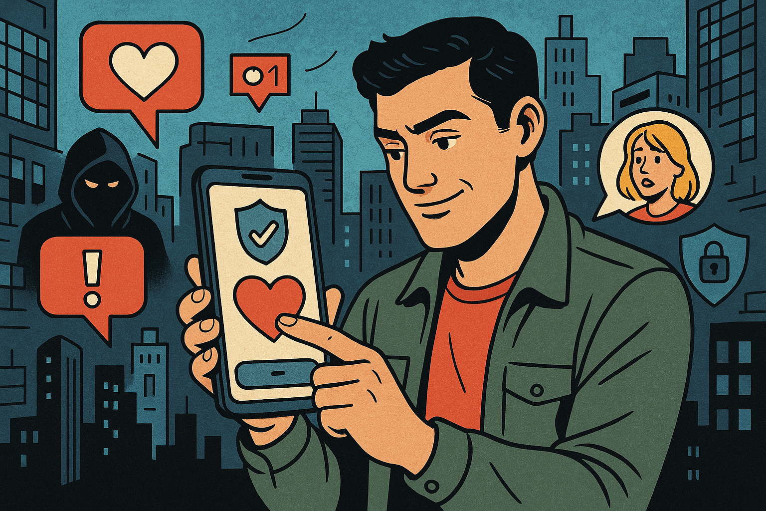 Illustration of man setting up secure app in a urban digital environment setting, with a creative mood.
