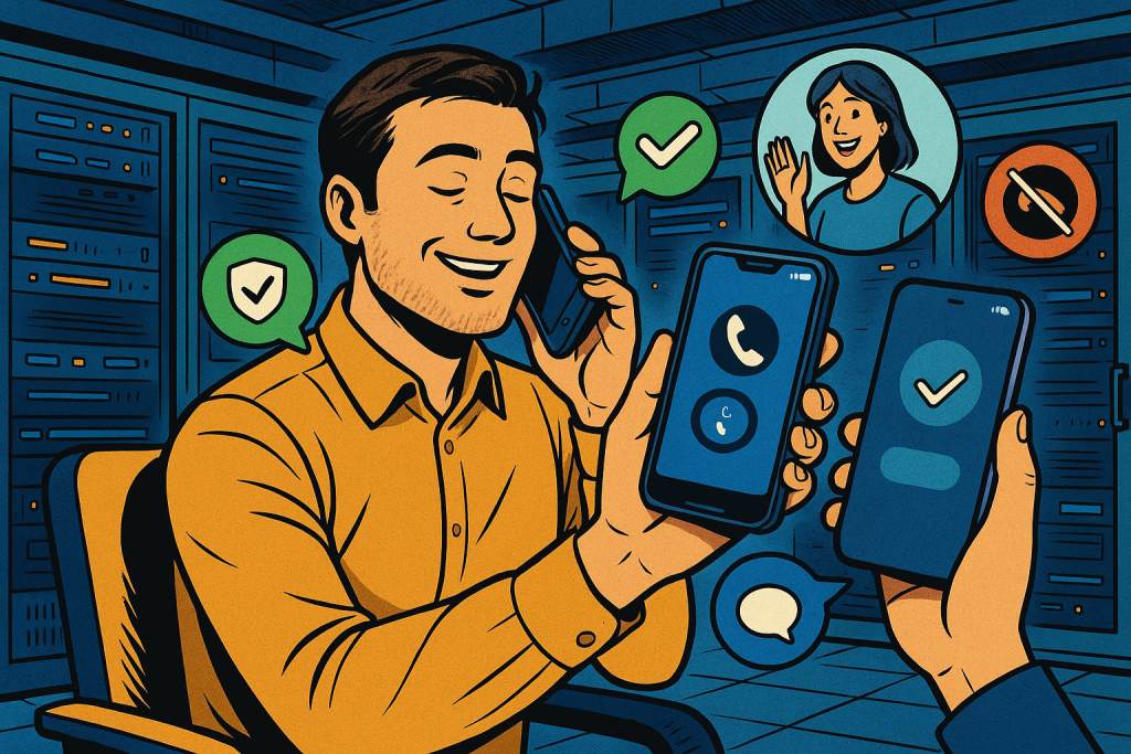 Illustration of illustration of second phone line in a cybersecurity server room setting, with a relaxed mood.