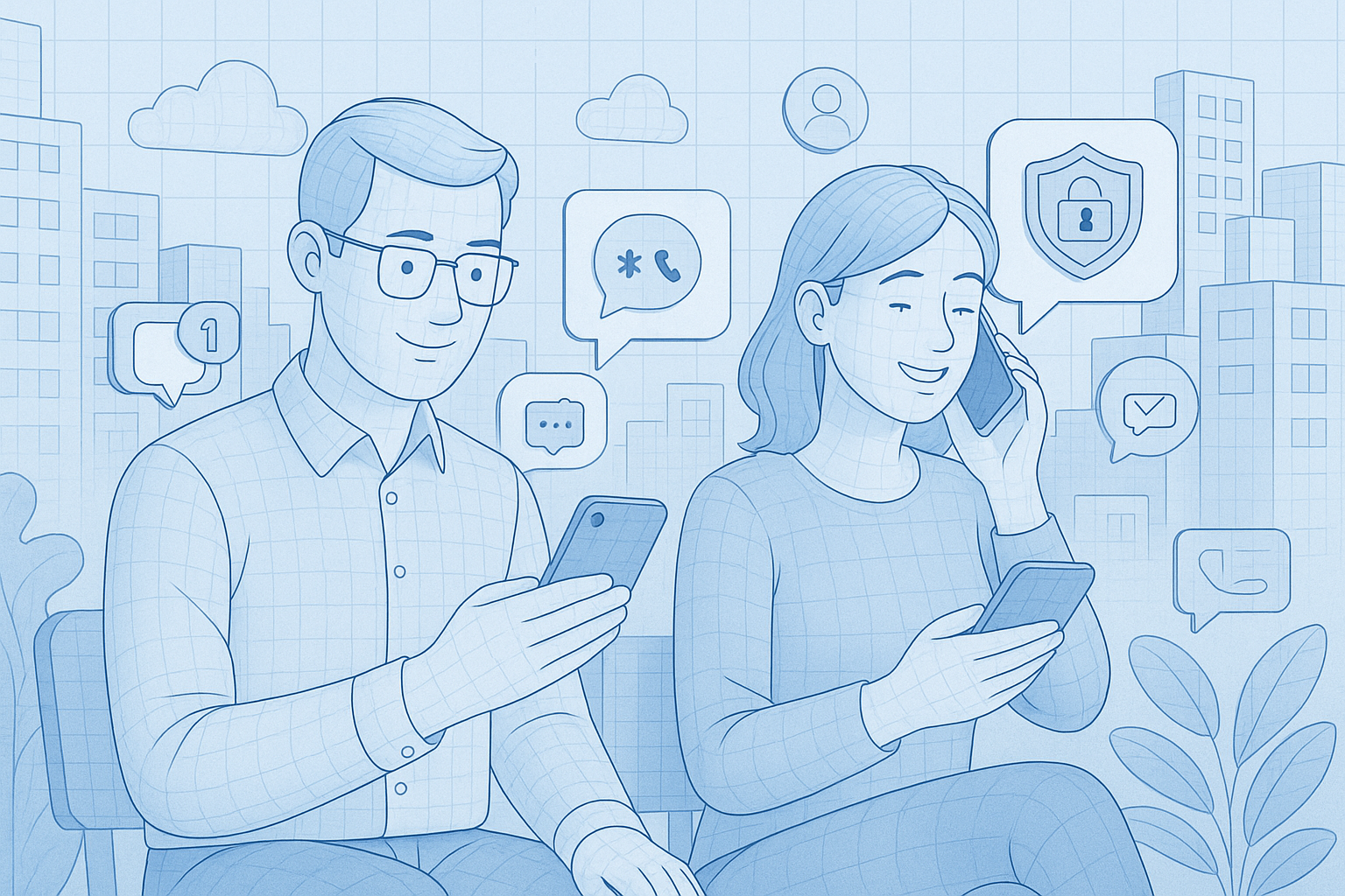 Illustration of couple using protected numbers in a urban digital environment setting, with a relaxed mood.