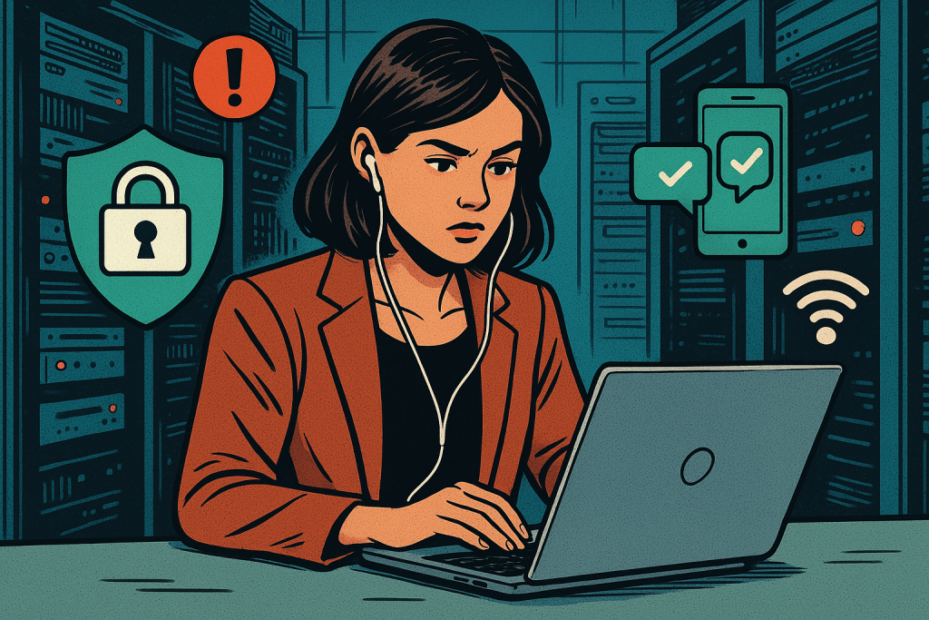 Illustration of teens browsing apps securely in a cybersecurity server room setting, with a determined mood.